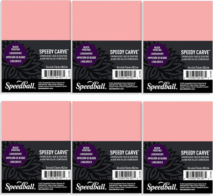 Speedball 3 In. X 4 In. Speedy-Carve Linocut Block (6-Pack) - Premium Pink Rubber Linoleum Carving Blocks for Printmaking, Printing, and Stamp Making