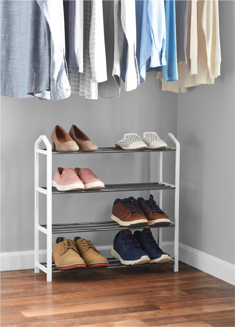 4-Tier Shoe Rack White Plastic Frame, Gray Coating, up to 12 Pairs