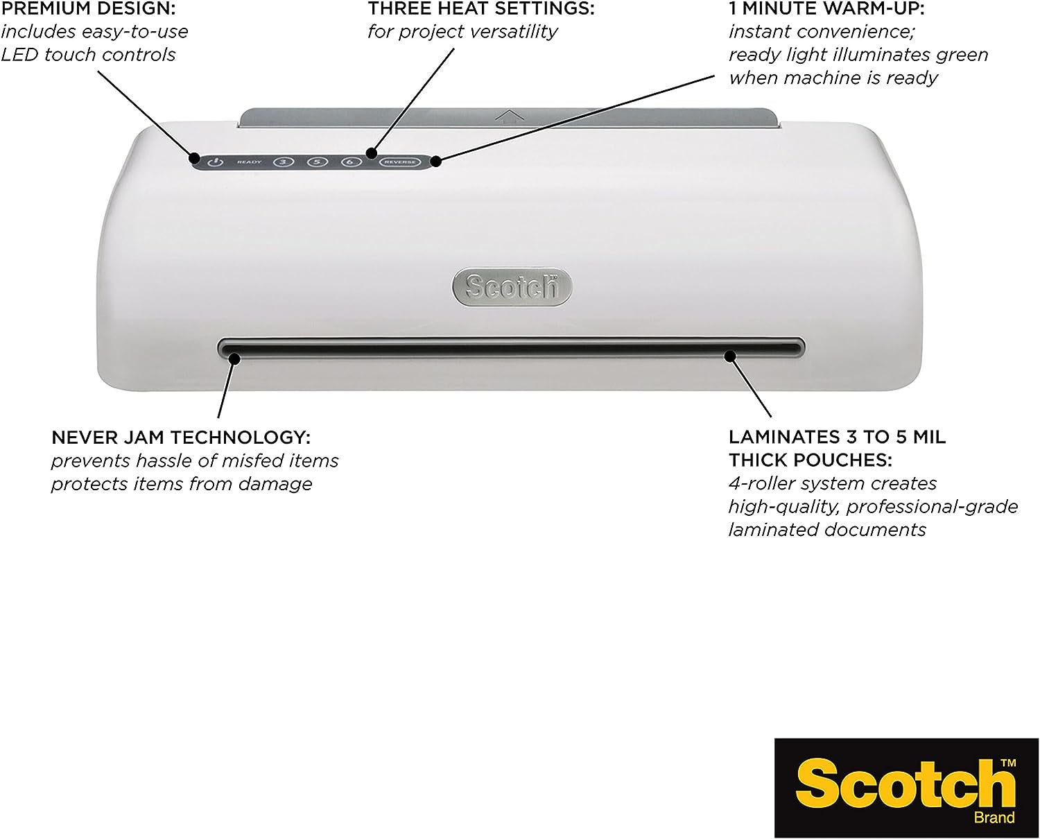 Brand PRO Thermal Laminator, 12.3-Inch, 1-Minute Warm-Up, Fast Lamination, Never Jam Technology, 4-Roller Machine (TL1306), 4" X 19.8" X 6", White