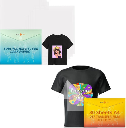 Sublimation HTV for Dark Fabric/Light Fabric 10 Pack Matte & DTF Transfer Film for Sublimation - 30 Sheets of A4 (8.3×11.7") for Sublimation Shirts/Pillow/Bag/Hat