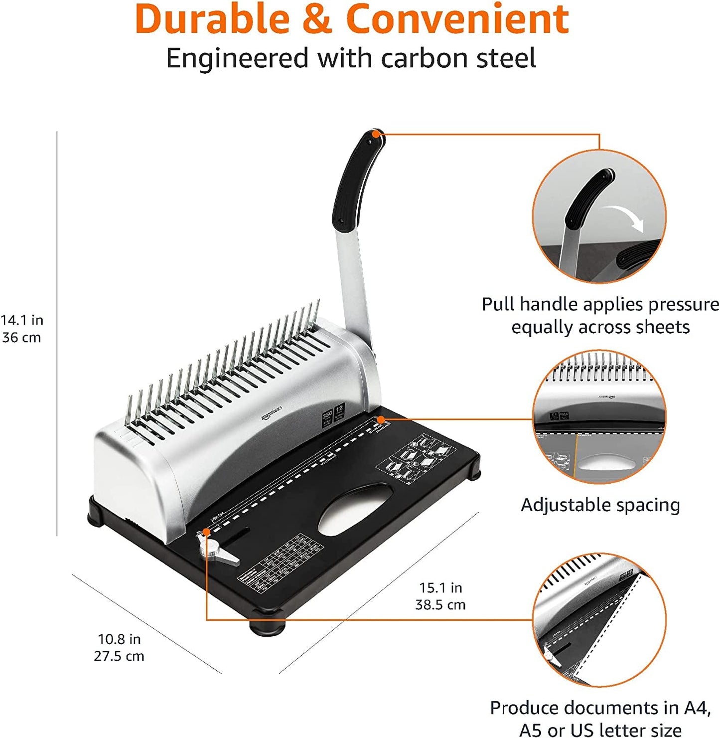 Amazon Basics Comb Binding Machine, 350 Sheets Capacity, for Paper Sizes A5(15 Holes)/Letter(19 Holes)/A4(21 Holes) with Adjustable Margin, Grey
