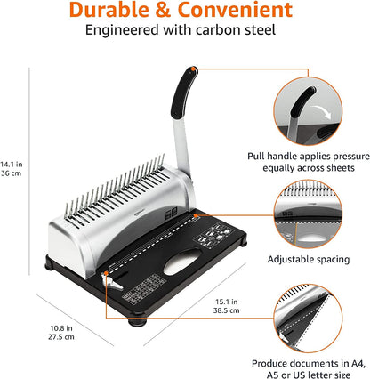 Amazon Basics Comb Binding Machine, 350 Sheets Capacity, for Paper Sizes A5(15 Holes)/Letter(19 Holes)/A4(21 Holes) with Adjustable Margin, Grey