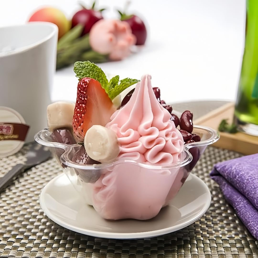 TOFLEN 8 Oz Dessert Cups with Spoons, 50 Pack Clear Plastic Small Party Serving Bowls for Sundae, Parfait, Fruit, Strawberry Shortcake, Disposable Snack Bowls (Flower Shape)