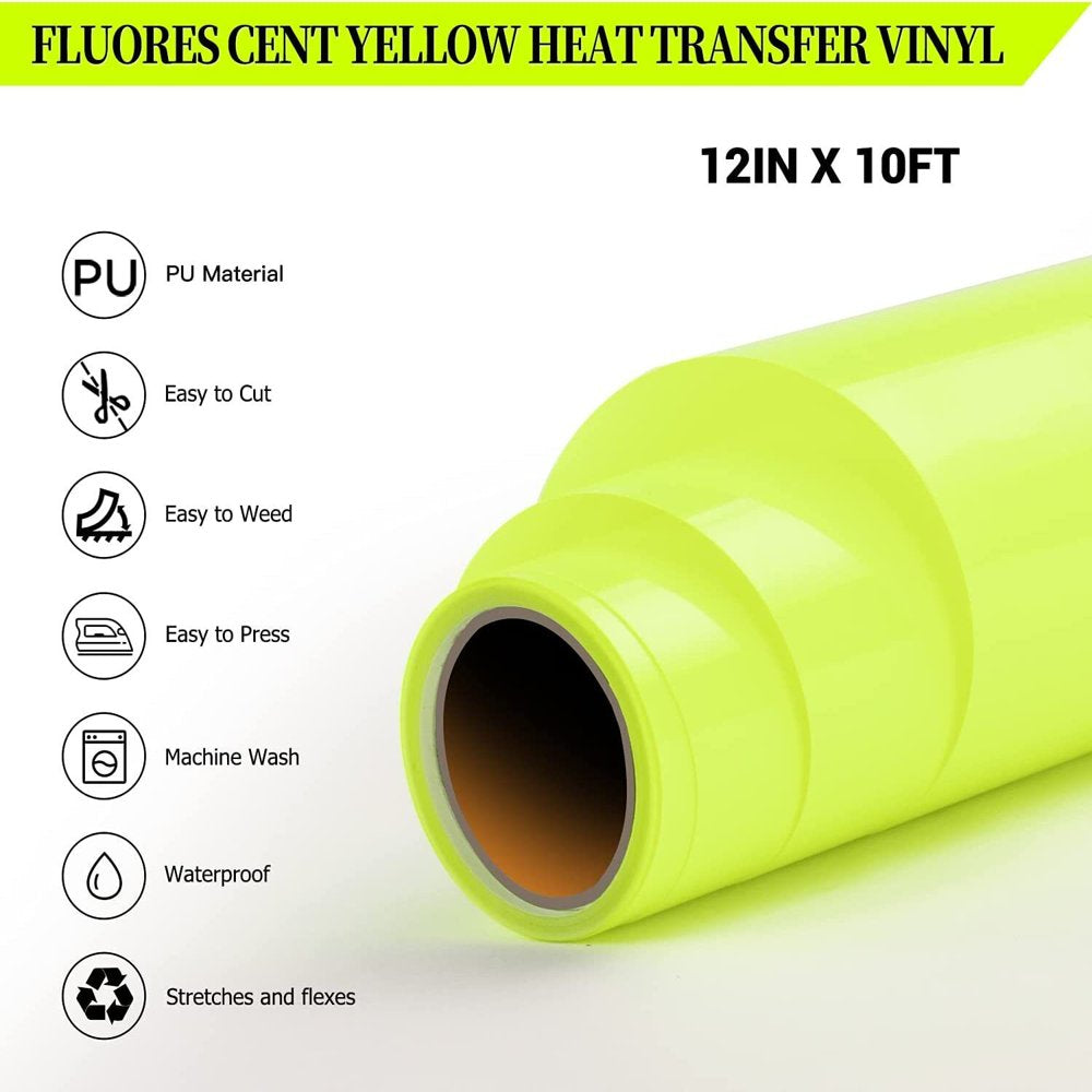 12" X 15 Ft Fluorescent Yellow HTV Vinyl Rolls Heat Transfer Vinyl, Easy to Cut & Weed for Heat Vinyl Design