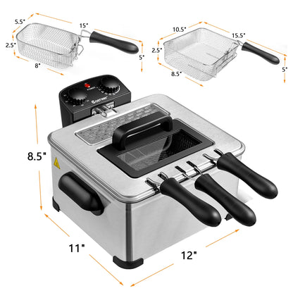 Costway Electric Deep Fryer 5.3 QT/21-Cup Stainless Steel 1700W with Triple Basket