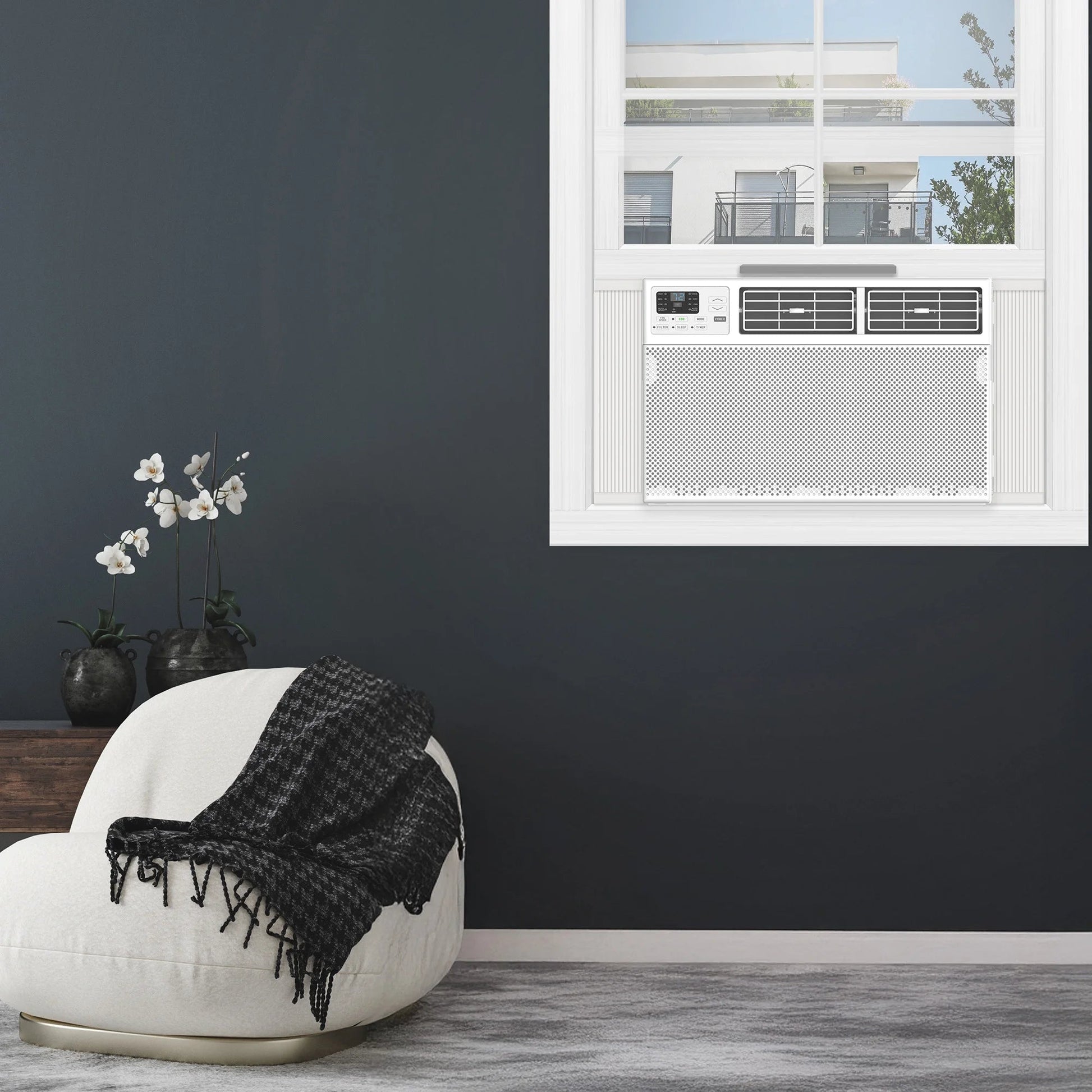 12,000 BTU 550 Sq. Ft. Smart Window Air Conditioner with Fan & Dehumidifier, White