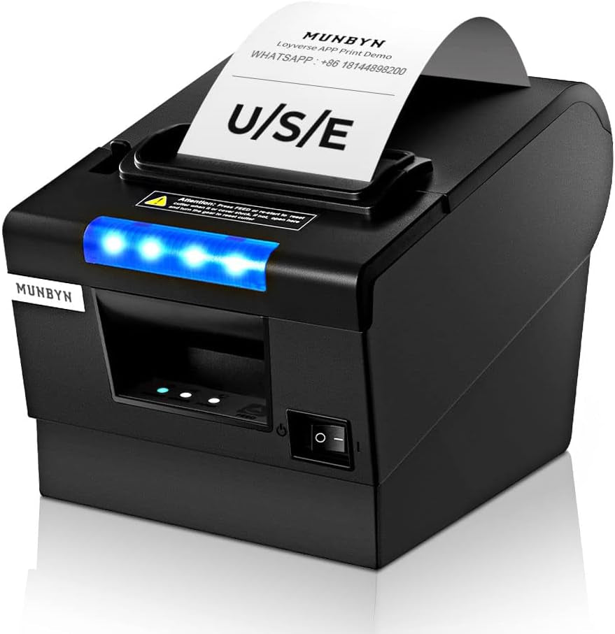 MUNBYN Receipt Printer P068, 3 1/8" 80Mm Direct Thermal Printer, POS Printer with Auto Cutter - Thermal Receipt Printer with USB Serial Ethernet Windows Driver ESC/POS Support Cash Drawer