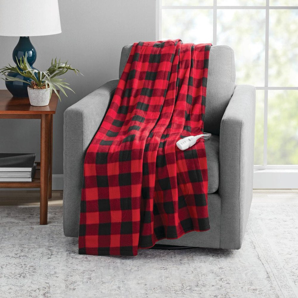 Soft Fleece Electric Heated Throw Blanket, Red/Black Buffalo Check, 50"X60", All Ages