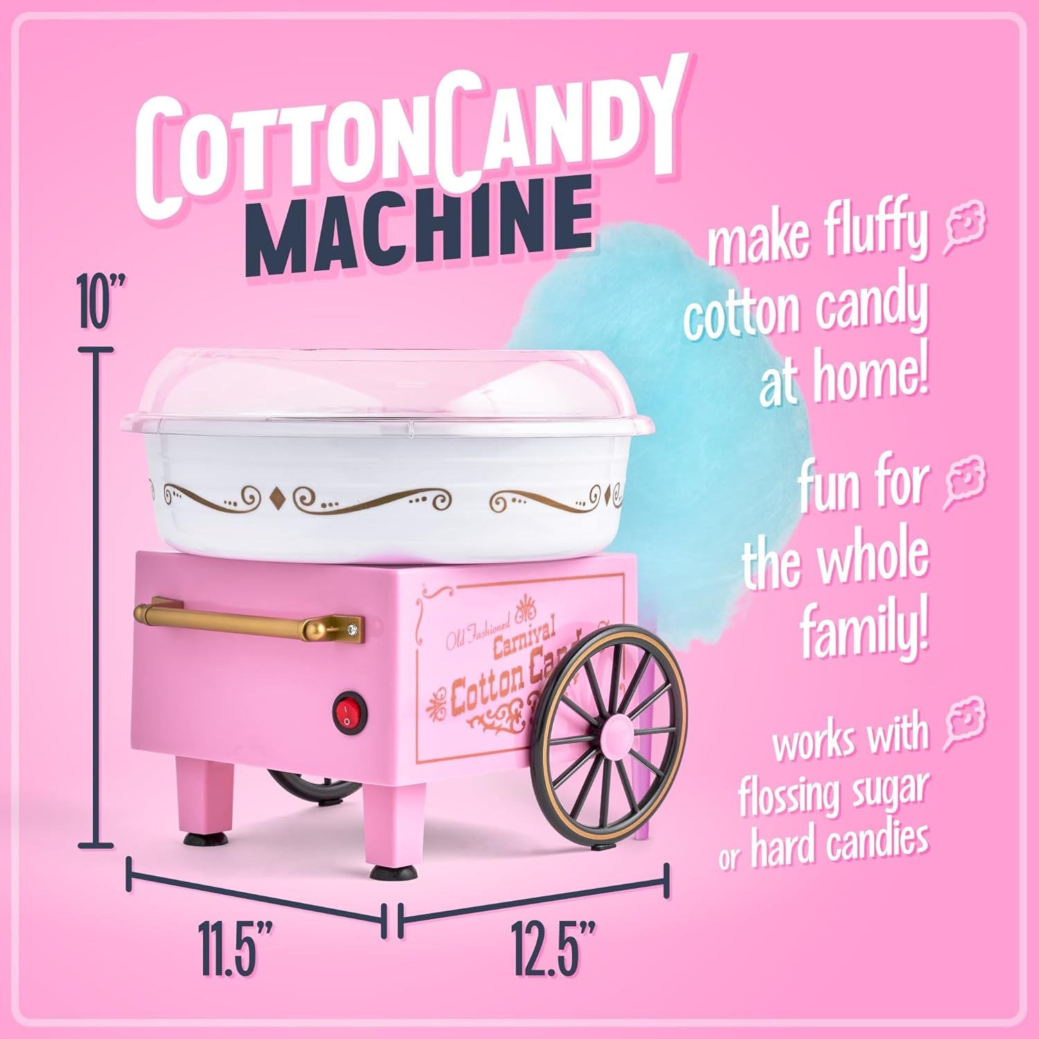 Nostalgia Vintage Cotton Candy Machine - Countertop Cotton Candy Maker with 2 Reusable Cones & 1 Sugar Scoop - Use Hard Candy or Sugar to Create Fluffy, Delicious Treats in Minutes-Pink