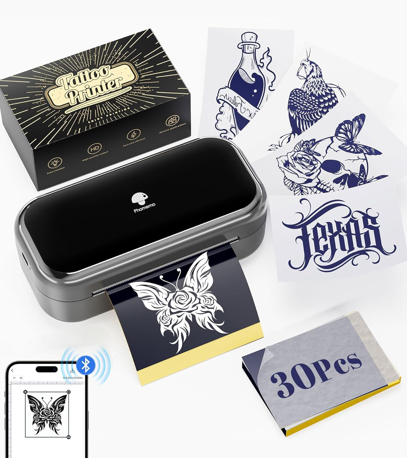 Phomemo TP31 Wireless Tattoo Stencil Printer with 30Pcs Transfer Paper, Compatible with Phone & Tablet, Bluetooth Mini Thermal Tattoo Printer Machine for Tattoo Artists & Beginners, 3 Inch, Black