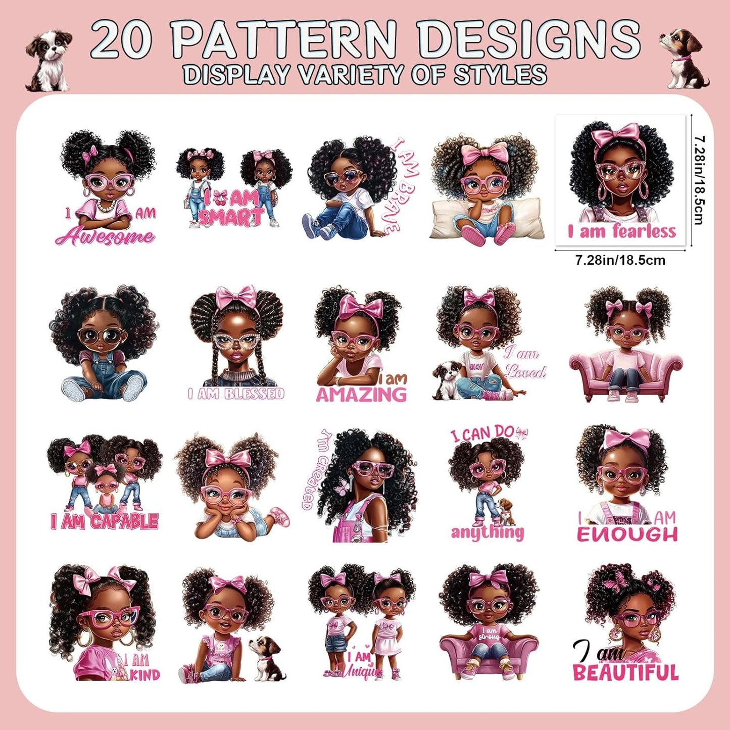 DTF Transfers Ready to Press - 20Pcs Black Little Girl Iron on Transfers for Tshirts, Chibi Afro Girl Iron on Decals Patches, Afican American Young Princess Sublimation for DIY Clothes Jeans