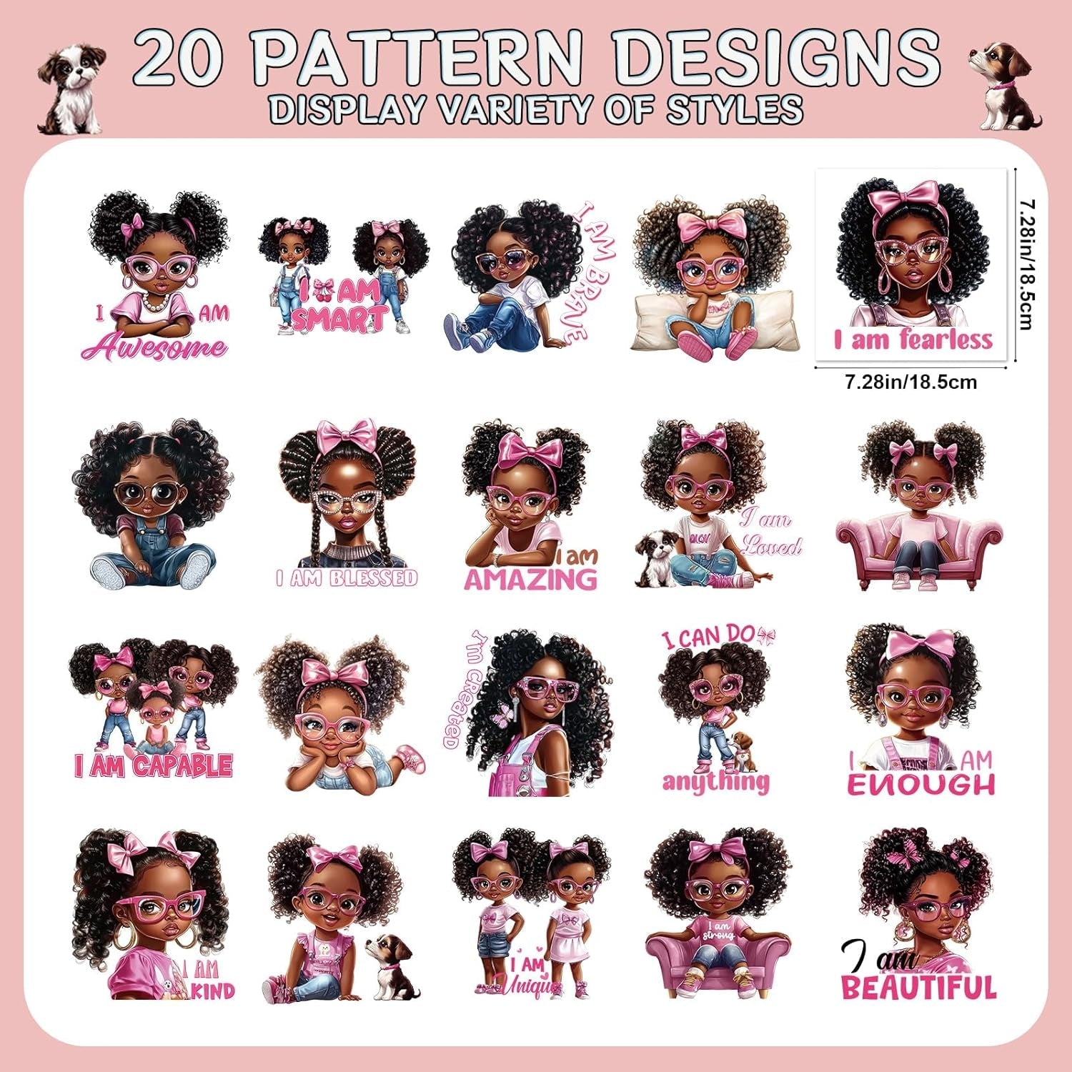 DTF Transfers Ready to Press - 20Pcs Black Little Girl Iron on Transfers for Tshirts, Chibi Afro Girl Iron on Decals Patches, Afican American Young Princess Sublimation for DIY Clothes Jeans