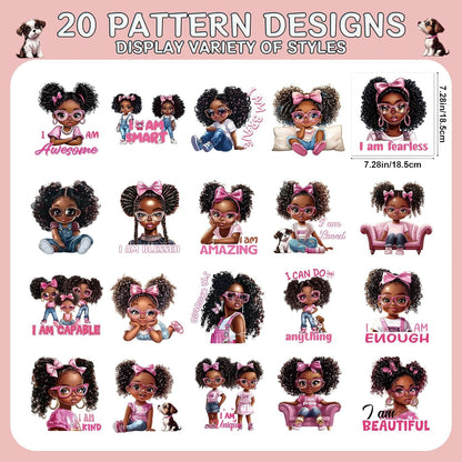 DTF Transfers Ready to Press - 20Pcs Black Little Girl Iron on Transfers for Tshirts, Chibi Afro Girl Iron on Decals Patches, Afican American Young Princess Sublimation for DIY Clothes Jeans