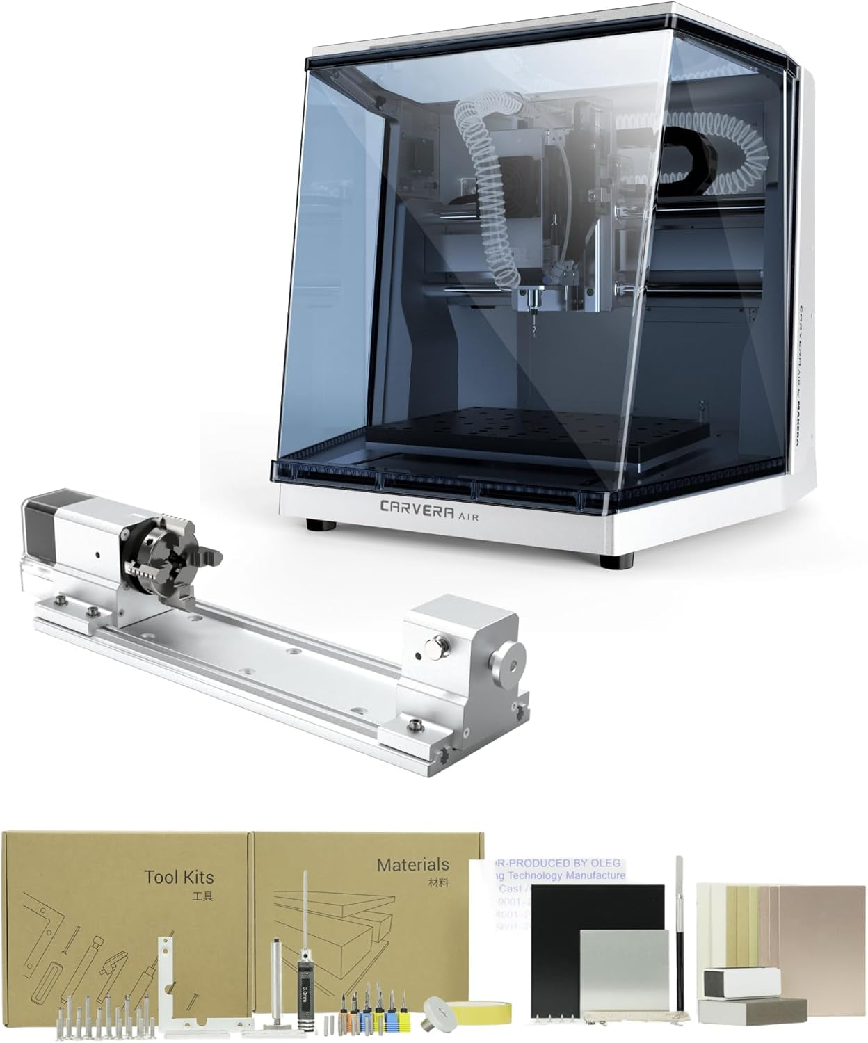 Carvera Air Desktop CNC Machine with 4Th Axis, Compact Enclosed Mini CNC Router Mill, Quick Tool Changer Closed-Loop Control, Makera CAM, High Precision 4Th Axis for DIY Makers Workshops Metal Wood