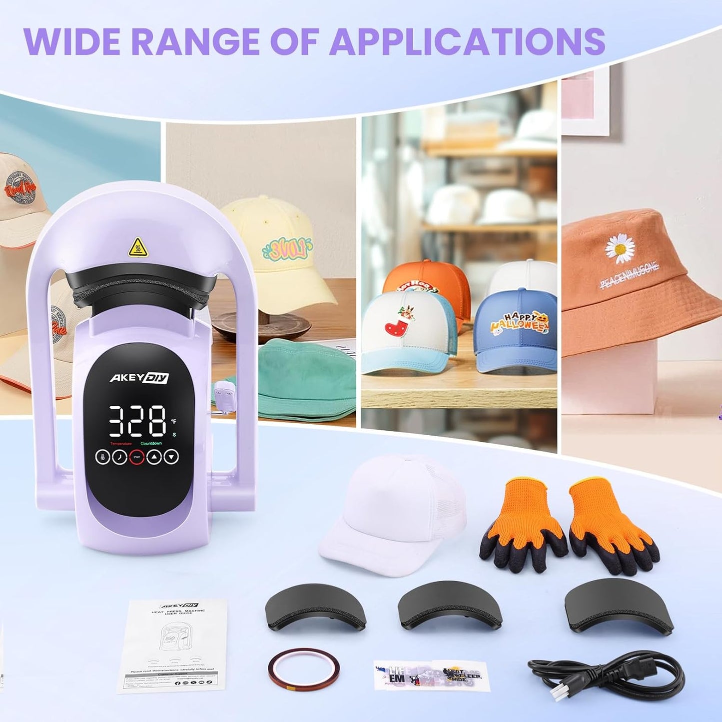 AKEYDIY 3-In-1 Auto Cap Heat Press Machine, Hat Heat Press with 3Pcs Replaceable Heating Pads, Automatic Release&Press Large Touchscreen Digital Control Panel, DIY Sublimation Caps T-Shirts Bags