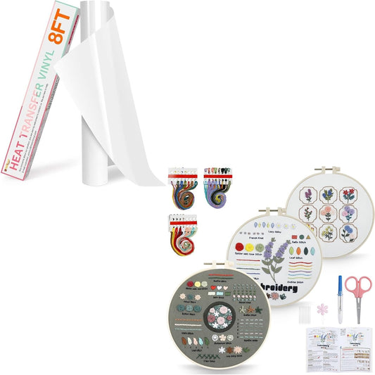 HTV Vinyl Rolls Heat Transfer Vinyl & 3 Pack Embroidery Kit for Beginners