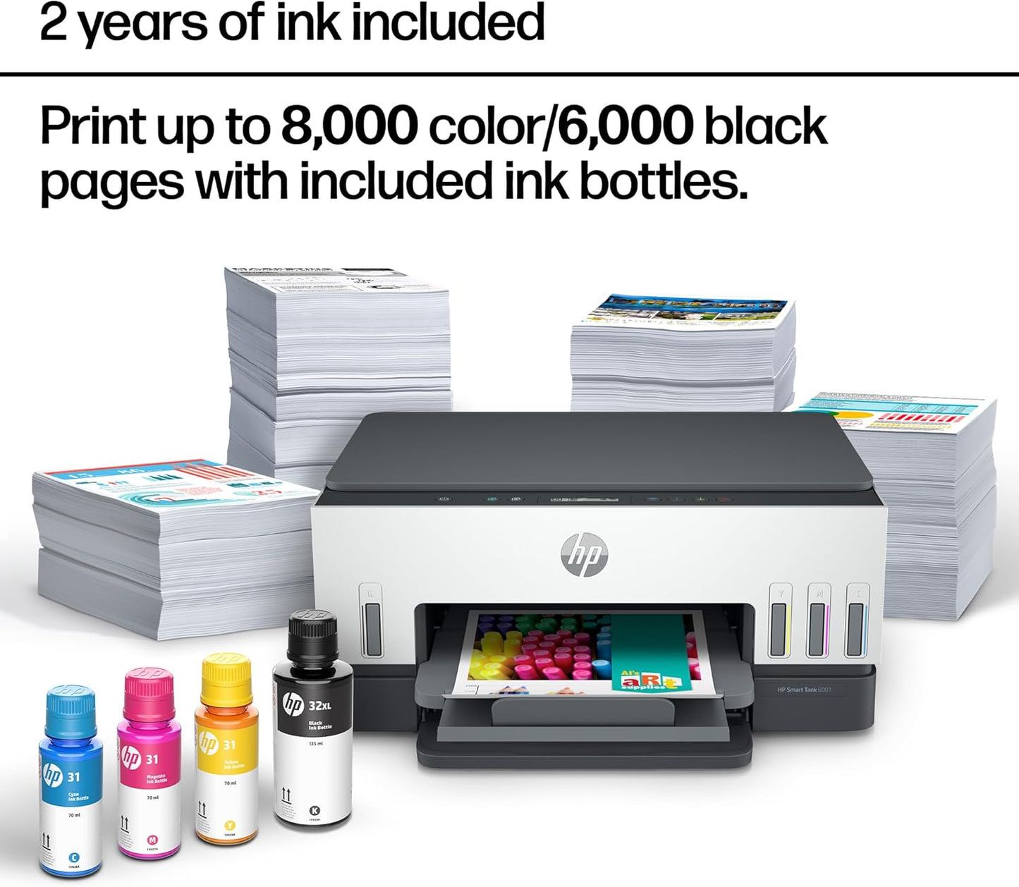 HP Smart Tank 6001 Wireless All-In-One Ink Tank Printer, Scanner, Copier with 2 Years of Ink Included, Best-For-Home, Cartridge-Free Refillable, Ai-Enabled (2H0B9A)