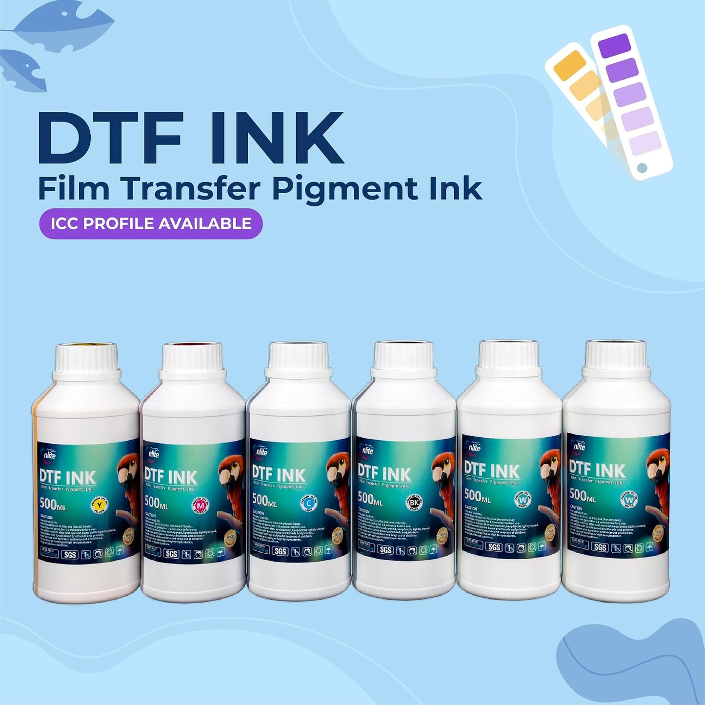 Enlite Premium DTF Ink 500ML Combo Pack, Pigment Ink for PET Film Heat Transfer Printing, Refill for DTF Printer with Printhead DX5 DX7 5113 XP600 I3200 4720 TX800, 2W+1B+1C+1M+1Y