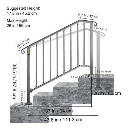 brand Handrail for Stairs Fits 3 or 4 Steps Outdoor Handrail Rail Height Adjustable Wrought Iron Handrail, Matte Black