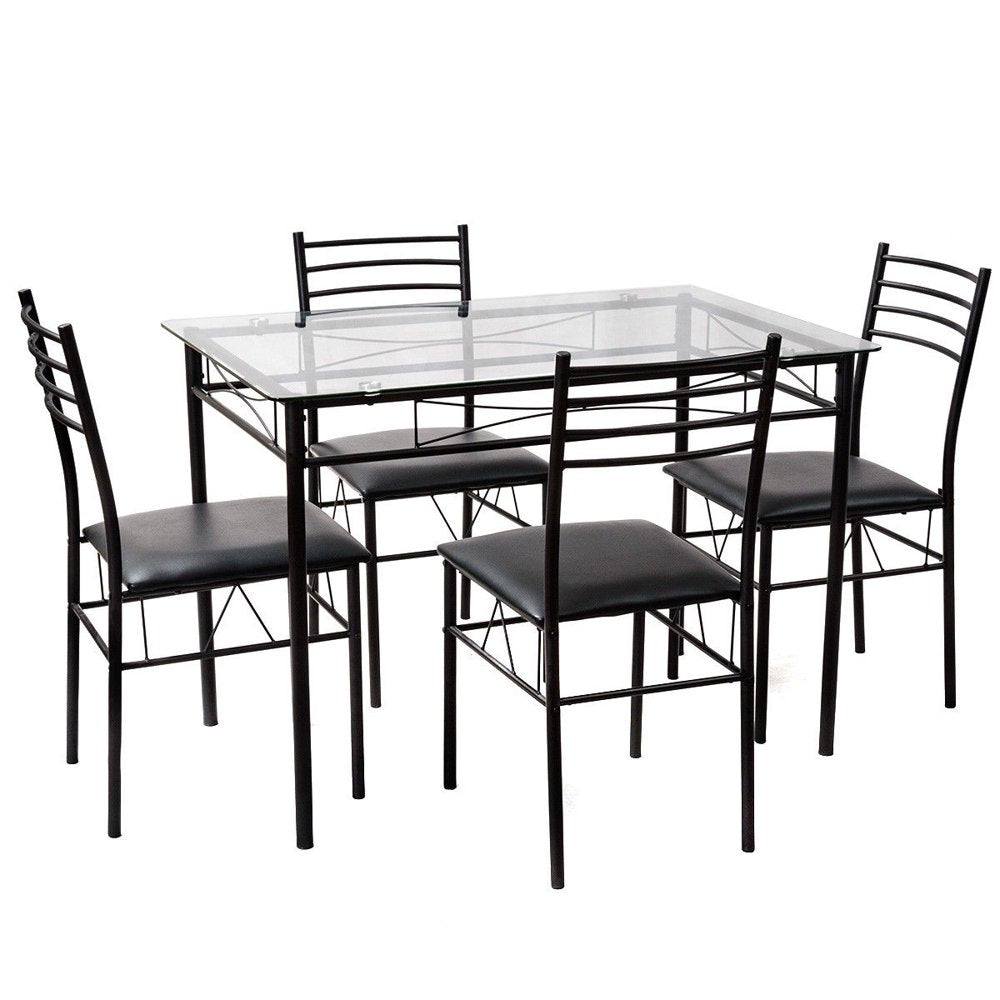 5 Piece Dining Set Glass Top Table & 4 Upholstered Chairs Kitchen Room Furniture