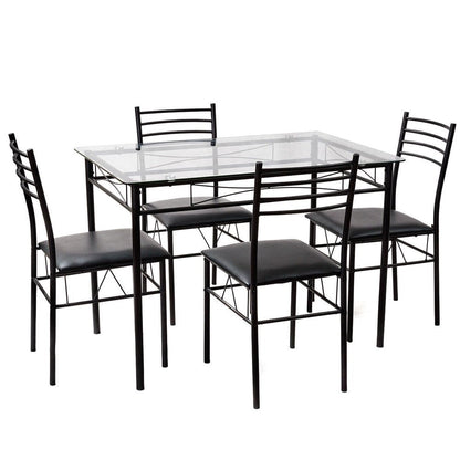 5 Piece Dining Set Glass Top Table & 4 Upholstered Chairs Kitchen Room Furniture