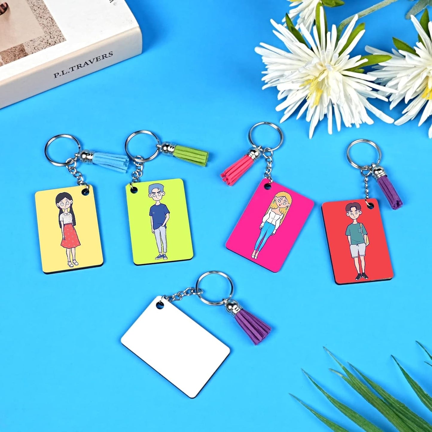Sublimation Keychain Blanks - 120Pcs with Blue Protective Film - MDF Rectangle Keychain with Tassels - Heat Transfer Double Sided