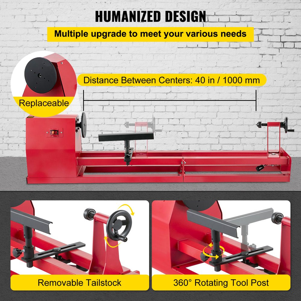 Wood Lathe 14" X 40", Power Wood Turning Lathe 1/2HP 4 Speed 1100/1600/2300/3400RPM, Benchtop Wood Lathe with 3 Chisels Perfect for High Speed Sanding and Polishing of Finished Work