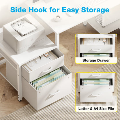 L Shaped Desk with Power Outlets, Large Computer Desk with File Drawer, Home Office Desk with Printer Stand & Storage Shelves, Corner Desk, White