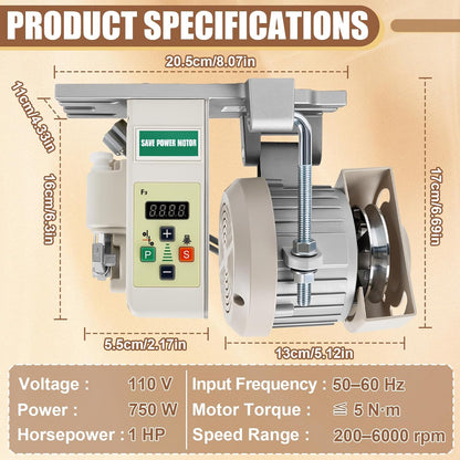 Wadoy Servo Motor Sewing Machine, Controller & Foot Pedal, AC 110V 750W 1HP | 200–6000 RPM Adjustable Speed, CW/CCW, Quiet Energy-Saving Industrial Brushless Sewing Machine Motor, User Manual Included