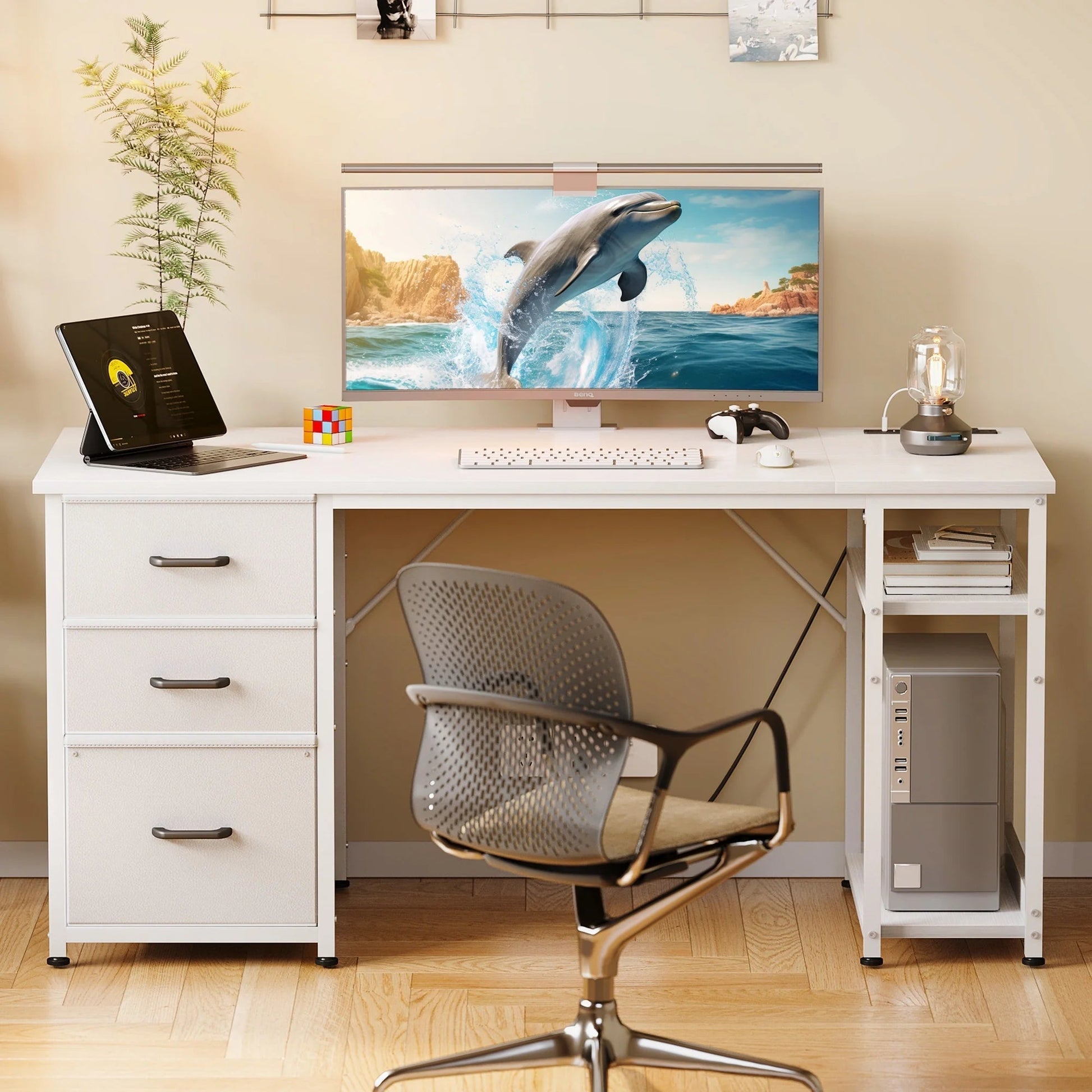 51 Inch Computer Desk with File Drawers & USB Power Outlets- Reversible Home Office Desk with Storage Shelves, Work from Home, Writing Table for Bedroom, White