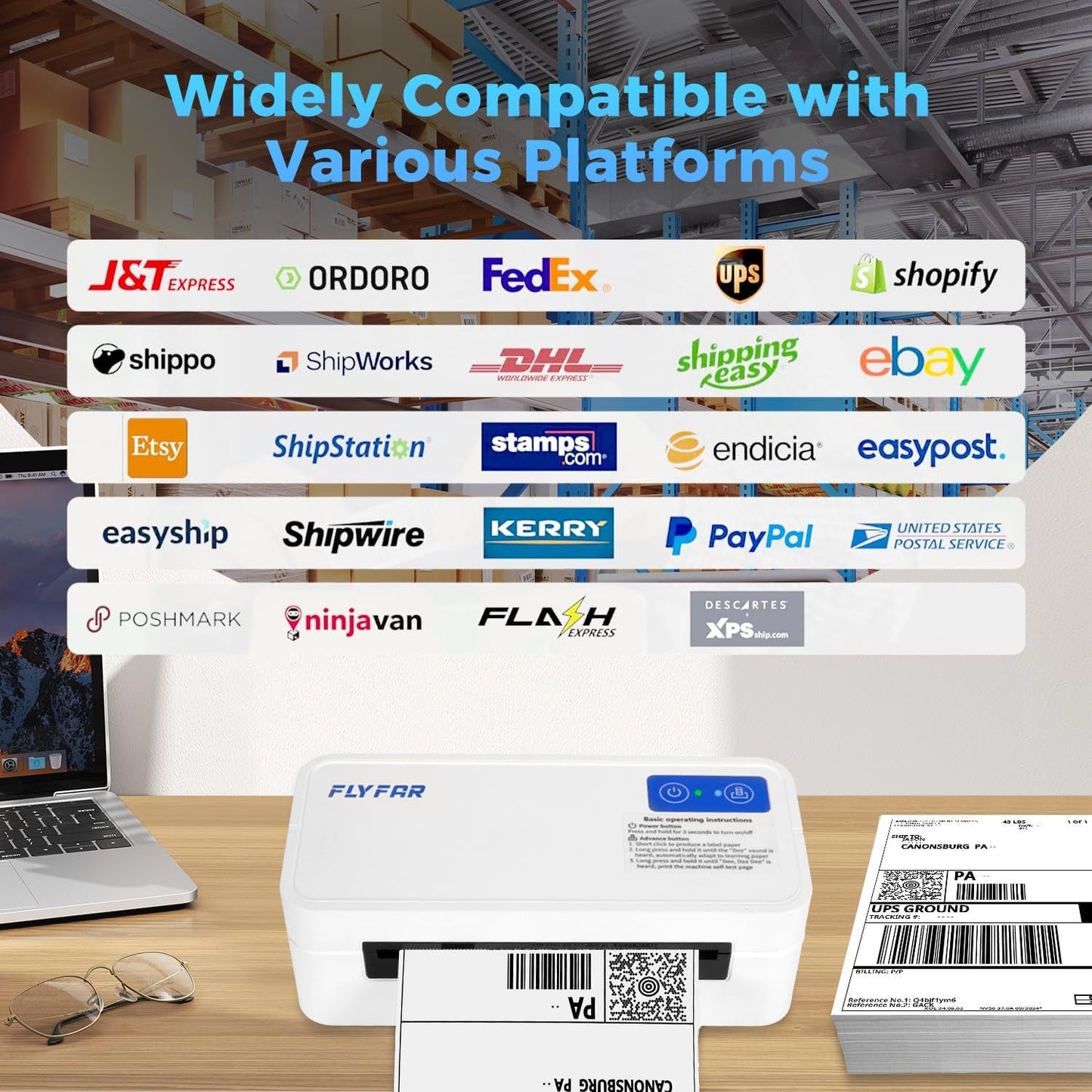 Bluetooth Thermal Shipping Label Printer, Wireless 4X6 Label Printer for Small Business, Compatible with Android, Windows, Iphone, Mac, Widely Used for Amazon, Shopify, Ebay, USPS, Etsy,Fedex (White)