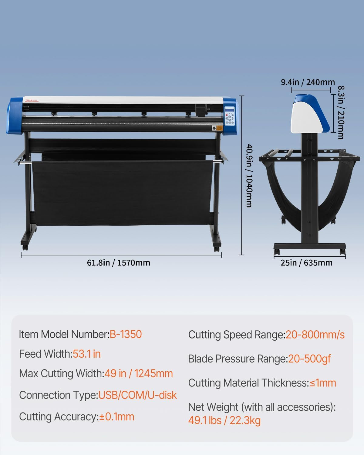 Vinyl Cutter 53 Inch Vinyl Cutter Machine Semi-Automatic DIY Vinyl Printer Cutter Machine Manual Positioning Sign Cutting with Floor Stand Signmaster Software