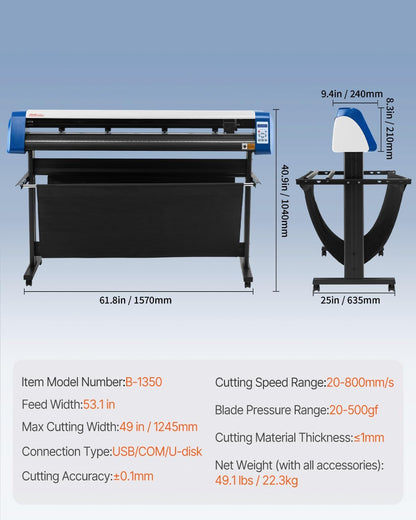 Vinyl Cutter 53 Inch Vinyl Cutter Machine Semi-Automatic DIY Vinyl Printer Cutter Machine Manual Positioning Sign Cutting with Floor Stand Signmaster Software