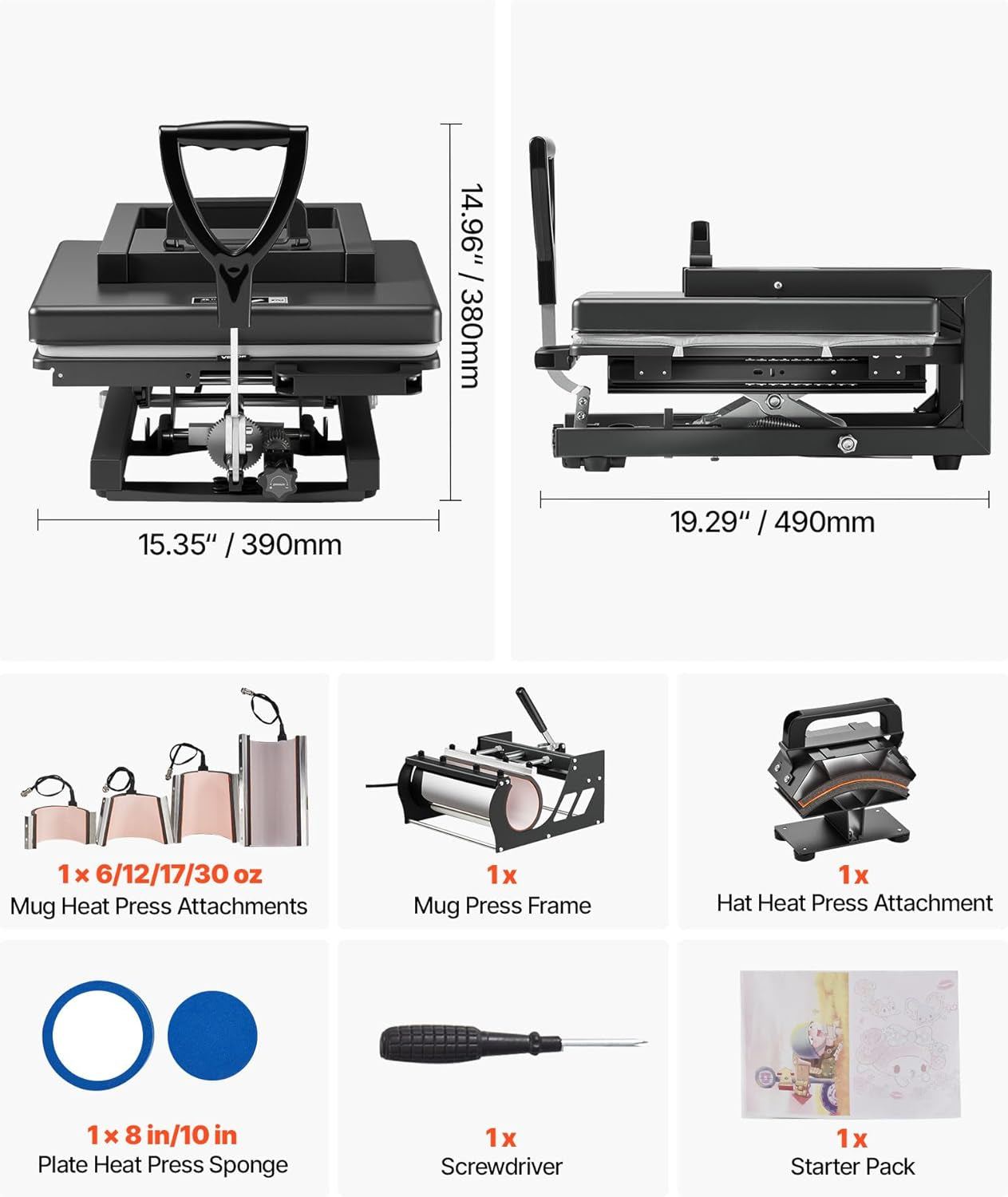 Hybrid Heat Press, 15 X 15 Inch, 8-In-1 Multifunction, Heat up Fast and Even, All-New Patented Design, Easy to Control, Sublimation Press Machine for T-Shirts/Mugs/Tumblers/Caps/Plates, Black