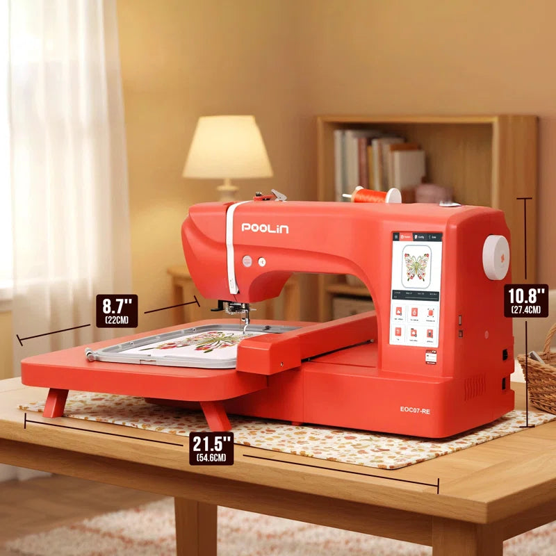 Poolin EOC07-RE Computerized Embroidery Machine 7.8In*14.9In Max Embroidery Area with 4 Hoops, 7 Inch LCD Touchscreen, 8 Fonts,12 Languages,200 Fancy Patterns, USB & Wireless, Software