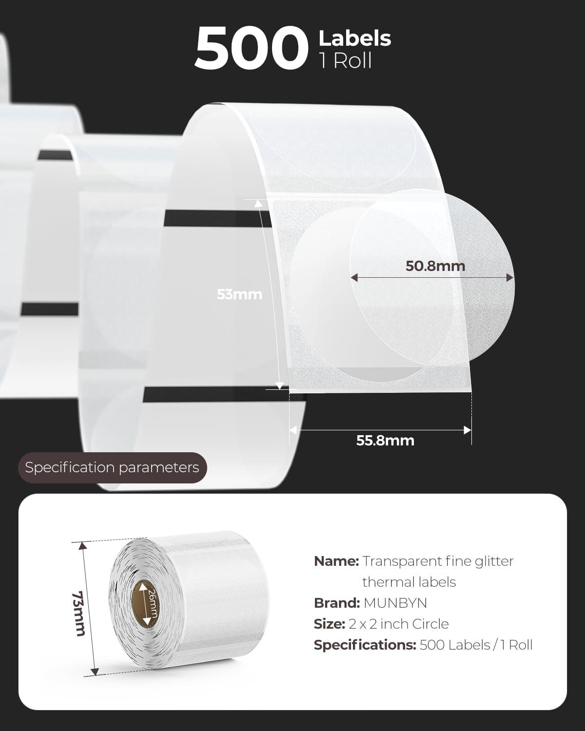 MUNBYN 2 Inch (50.8Mmx50.8Mm) Silver Fine Glitter Thermal Labels, round Thermal Printer Stickers for Small Businesses, 500 Labels/1 Roll