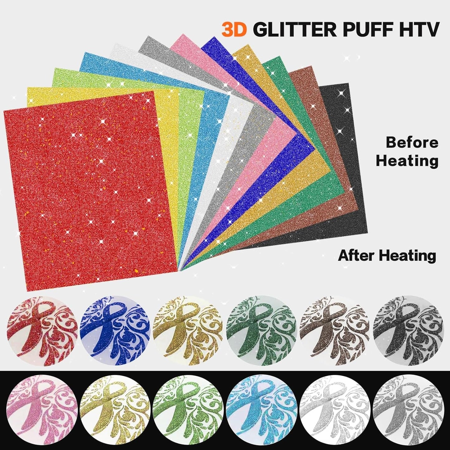Glitter Puff Vinyl Heat Transfer, 3D Puff Heat Transfer Vinyl Sheets Iron On, Glitter Heat Transfer Puffy HTV Vinyl for Heat Press T Shirts DIY Clothes Fabric, 6 Light Colors 12”X10”