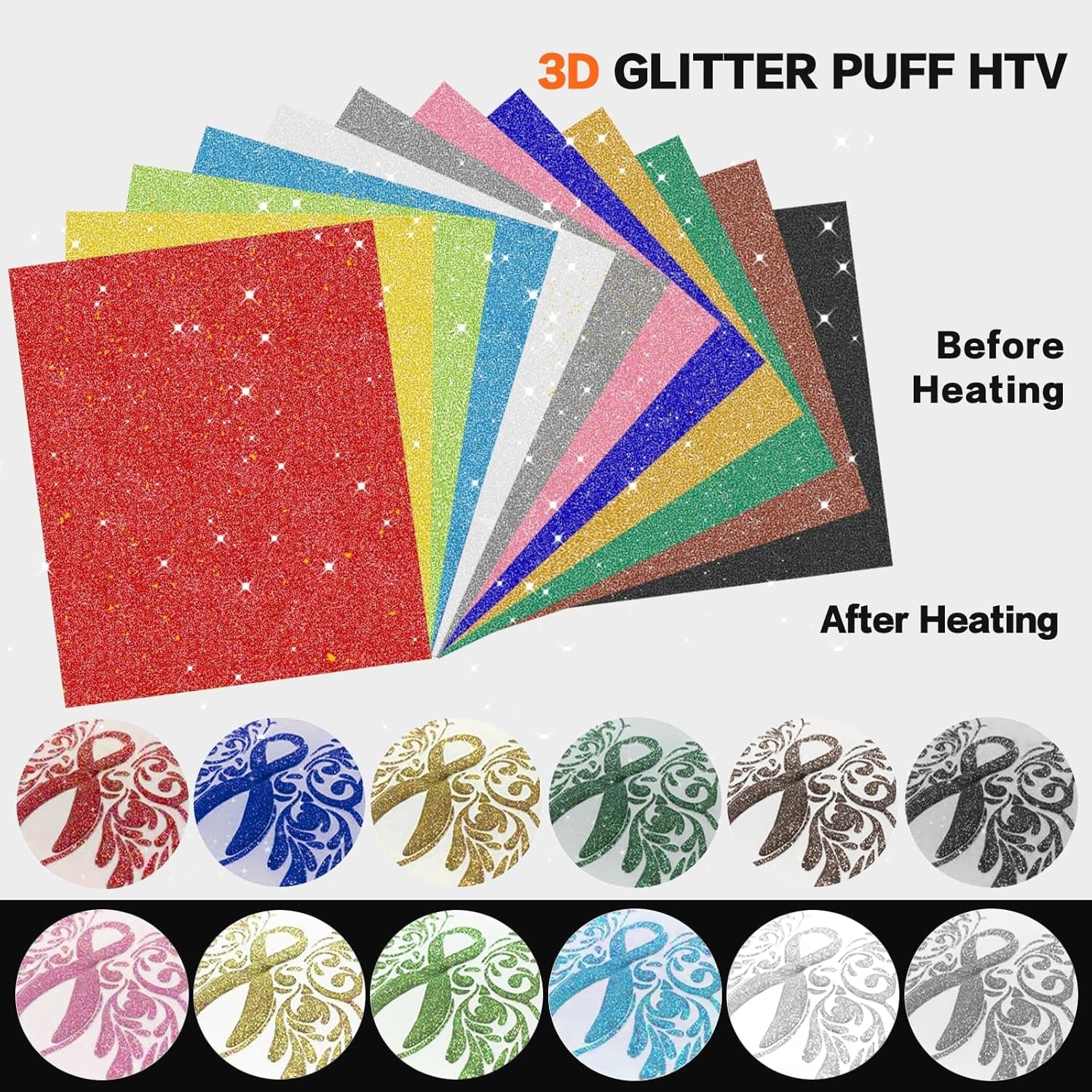 Glitter Puff Vinyl Heat Transfer 3D, Metallic Puff Heat Transfer Vinyl Sheets Iron On, Glitter Heat Transfer Puffy HTV Vinyl for Heat Press T Shirts DIY Clothes Fabric, 6 Assorted 12”X10”