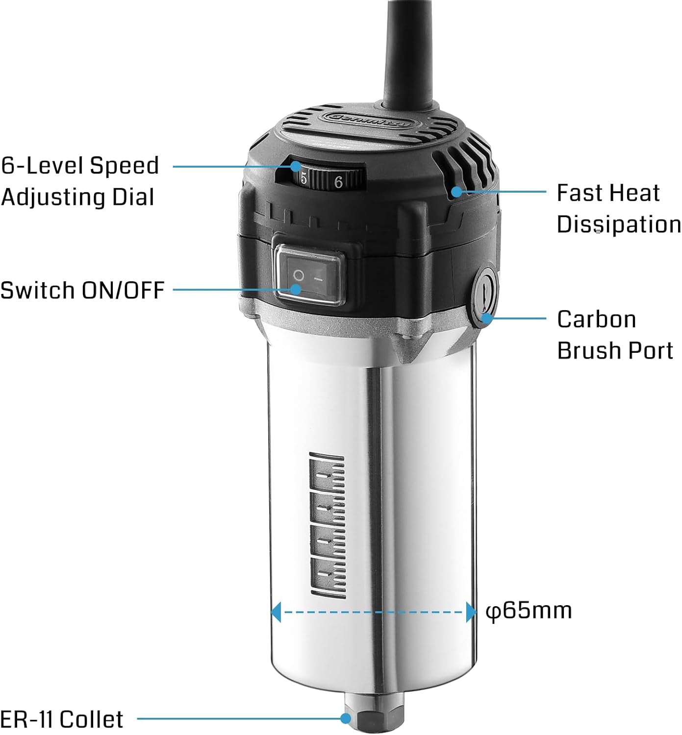 Genmitsu 710W Compact Router 65Mm Diameter, 6 Variable Speeds Palm Trimmer Router, with ER11 Collet & 4 Carbon Brushes, Spindle Motor Upgrade for CNC Machines