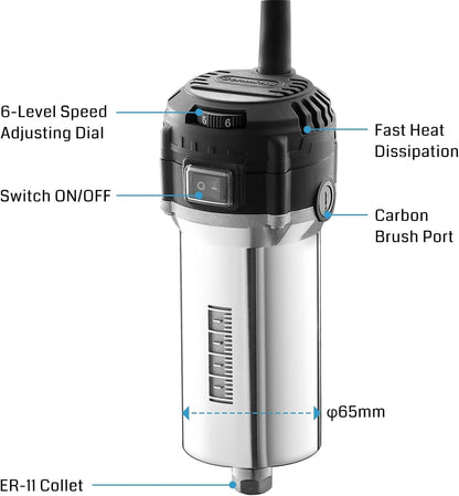 Genmitsu 710W Compact Router 65Mm Diameter, 6 Variable Speeds Palm Trimmer Router, with ER11 Collet & 4 Carbon Brushes, Spindle Motor Upgrade for CNC Machines