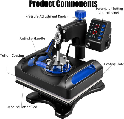 Heat Press Machine 15X15In, Assemble 5 in 1, Fast-Heating, 360 Swing Away, Digital Control Multifunction Sublimation Combo, Blue