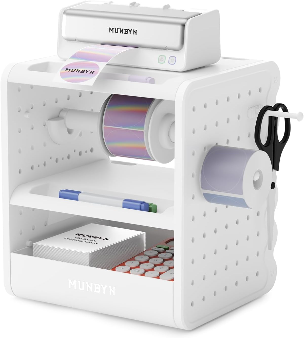 MUNBYN ILH03 4X6 Thermal Label Holder, 5-In-1 Sticker Holder with 3-Tier Shelf, Drawer, Hooks & Pegboard, for Shipping Label Printing, Office, Small Business, Home