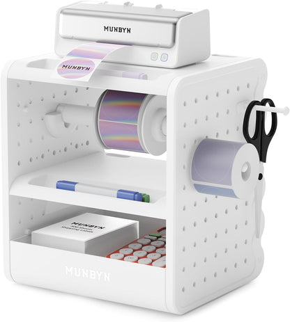 MUNBYN ILH03 4X6 Thermal Label Holder, 5-In-1 Sticker Holder with 3-Tier Shelf, Drawer, Hooks & Pegboard, for Shipping Label Printing, Office, Small Business, Home