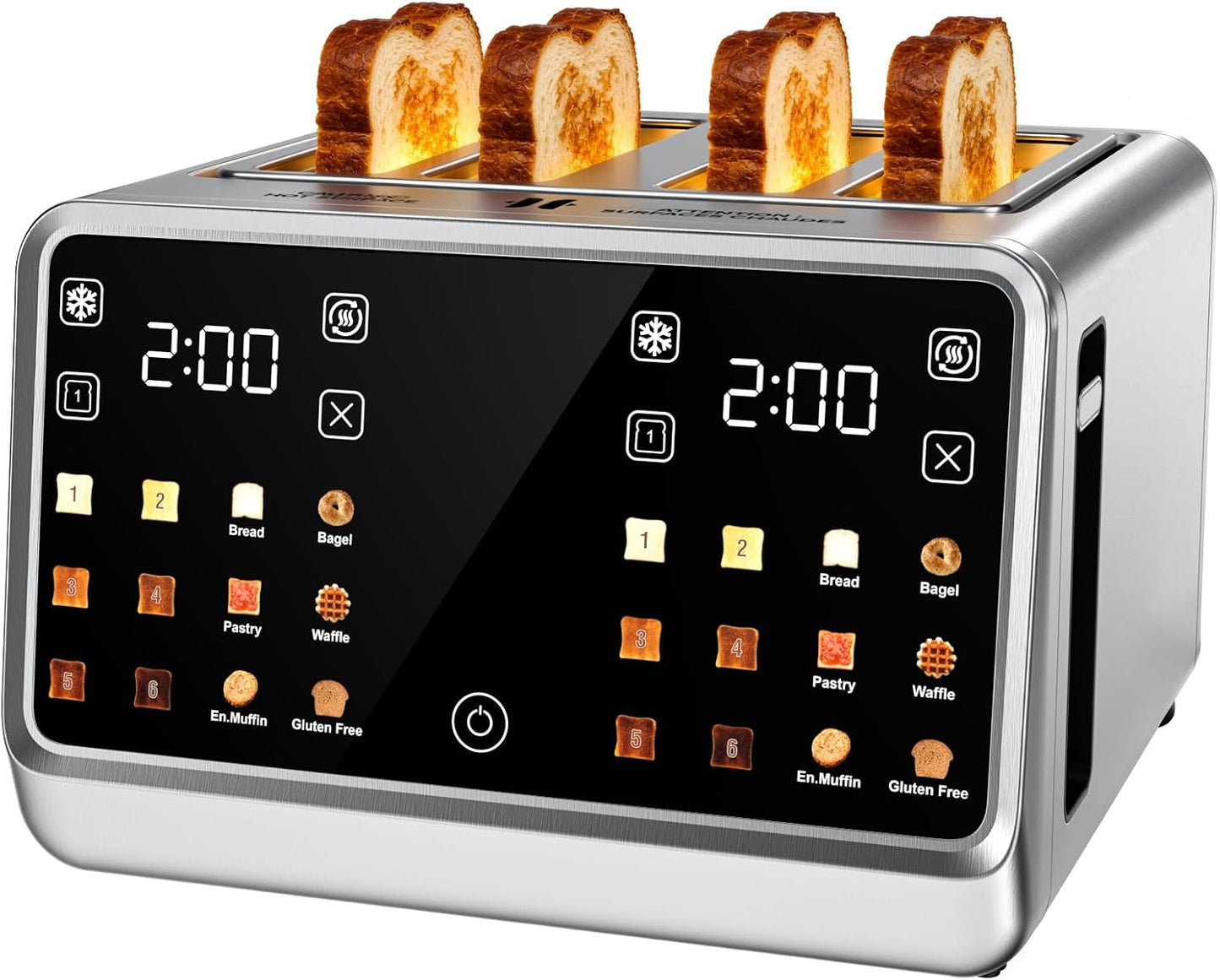 4 Slice Toaster with Dual Touchscreen, 1800W Stainless Steel Dual Zone Independent Control Extra Wide Slot 1.5 Inch, Smart Breadid Timer for Bagel Waffle, Kitchen Essentials