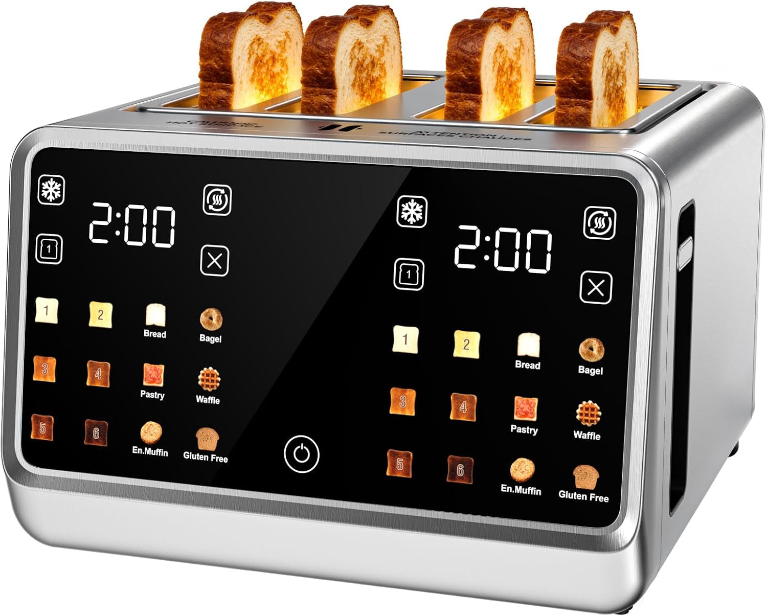4 Slice Toaster with Dual Touchscreen, 1800W Stainless Steel Dual Zone Independent Control Extra Wide Slot 1.5 Inch, Smart Breadid Timer for Bagel Waffle, Kitchen Essentials
