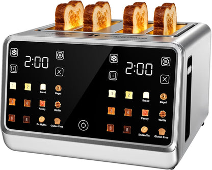 4 Slice Toaster with Dual Touchscreen, 1800W Stainless Steel Dual Zone Independent Control Extra Wide Slot 1.5 Inch, Smart Breadid Timer for Bagel Waffle, Kitchen Essentials