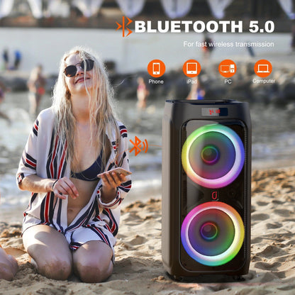 Large Party Speaker, Bluetooth Speaker with Wheels, Trolley Bar, LED Party Light, 2 Microphones