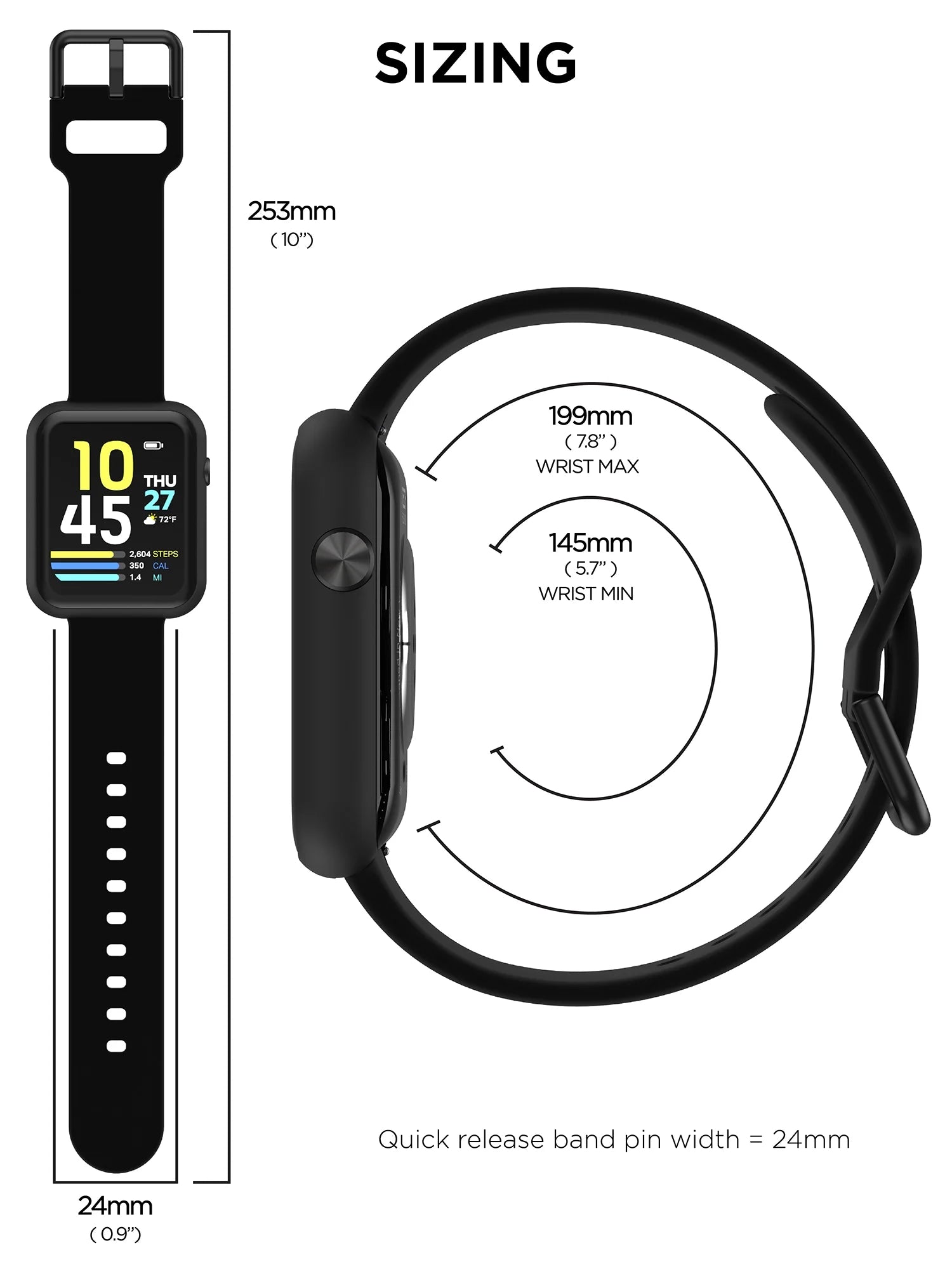 Fusion 3 Unisex Adult Rectangular Smart Watch, Black, Silicone Strap