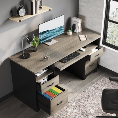 59” Computer Desk with 4 Drawers, Office Executive Desk with File Drawer, Keyboard Tray for Home Office, Gray