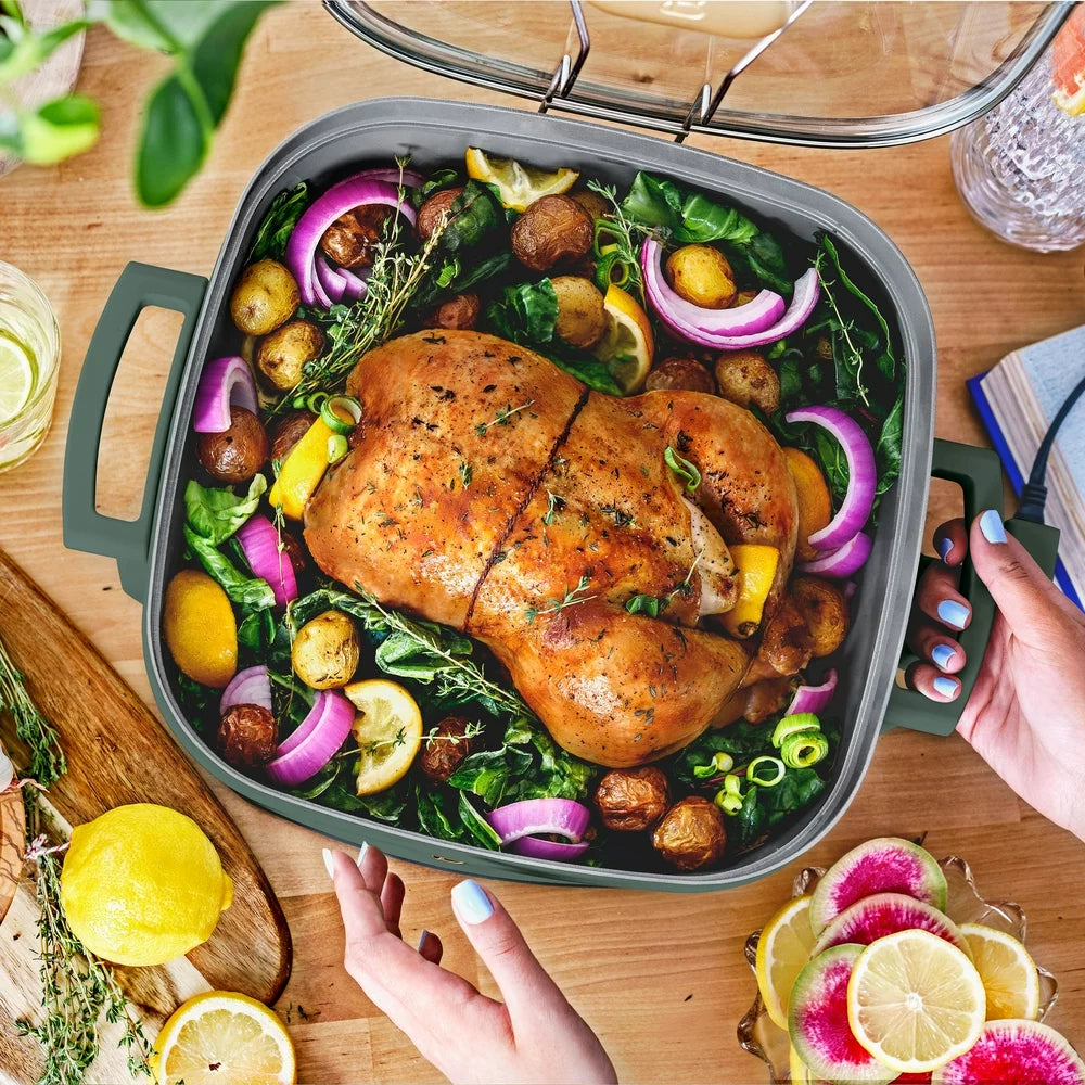 5 in 1 Electric Skillet - Expandable up to 7 Qt with Glass Lid, Thyme Green by Drew Barrymore